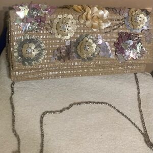 Elegant Floral Embellished Beige Clutch